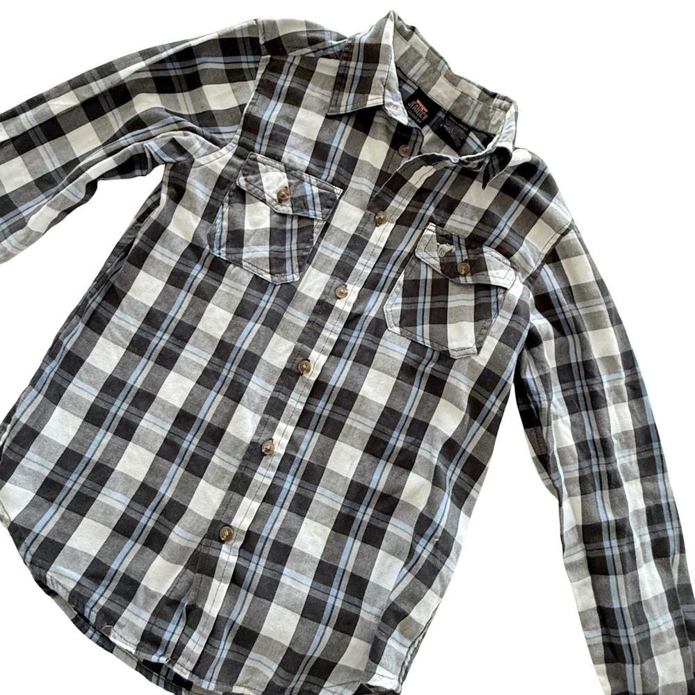 Wrangler Jeans Co Plaid Button Shirt Boys‎ L 10/12 Western Gray Blue